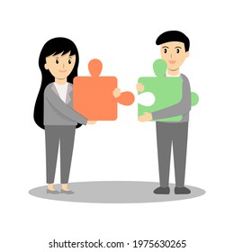 Businessman and girl holding jigsaw connecting each other. teamwork , help each other to solve problems concept