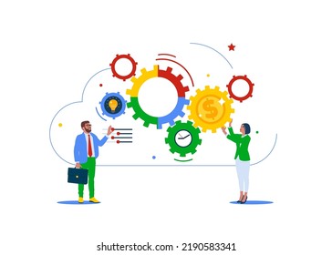 Businessman And Girl Manager Optimizing Cogwheels Workflow System For Best Result. Workflow Management For Best Outcome, Team Management.