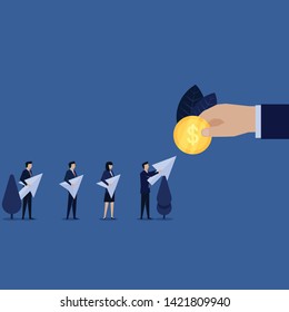 Businessman give click icon for coin metaphor of pay per click. Illustration For Wallpaper, Banner, Background, Book Illustration, And Web Landing Page.