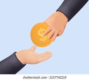 Businessman give money , salary concept 3D render vector. Two hands of people make exchange, buy or sell. Give cash, money. Golden coin, symbol of investment, salary, profit or money save. 3D icon