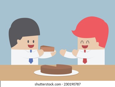 Businessman Give A Piece Of Cake To Another, Market Share Concept, VECTOR, EPS10