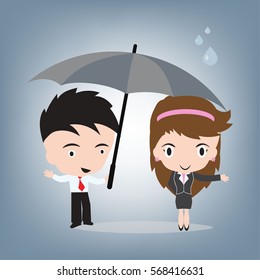 Businessman give umbrella to women for protect and rain drop. illustration vector in flat design on business theme background.
