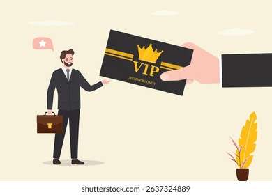 Businessman give vip card for male buyer. Privileges, premium account, members only, customers card. Promotion offer, bonus and loyalty system. Marketing campaign. cartoon flat vector illustration