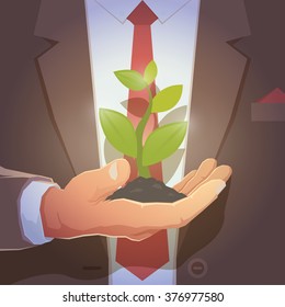 Businessman give you secret about successful business. Formal wear and background. Businessman in his office holding with a sprout in hands. Vector illustration.
