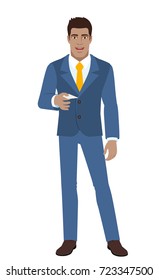 Businessman gives a business card. Full length portrait of Black Business Man in a flat style. Vector illustration.