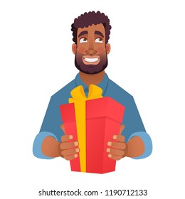 Businessman gives a gift. African american man giving valentine gift. African man holding red present box
