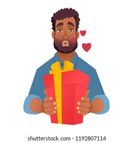 Businessman gives a gift. African american man. Air kiss. African man holding red present box