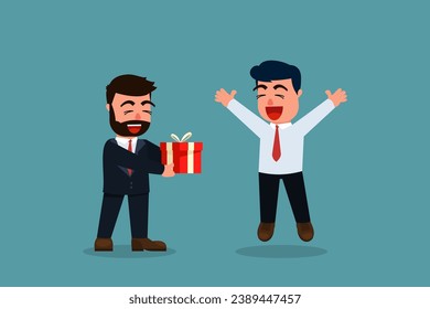 A businessman gives a holiday gift box to another businessman. Office holiday celebration concept. Boss surprises employees during the festival day. Vector illustration