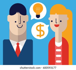 Businessman gives an idea to a businesswoman and she responds happily