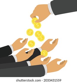Businessman gives man a gold coin. Charity concept. Hand holding golden coin. Transfer of cash from hand to hand. Giving money. Illustration in modern flat style.