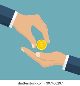 Businessman gives man a gold coin. Receiving money. Transfer of cash from hand to hand. Giving coin. Concept financial giving. Vector illustration, flat style design.