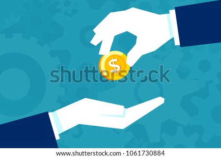 Businessman gives man a gold coin. Transfer of cash from hand to hand. Financial concept of borrowing money