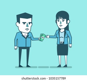 Businessman gives money to woman. Bribery, corruption, payment concept. Simple style vector illustration