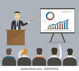 Businessman gives a presentation or seminar. Business meeting, training