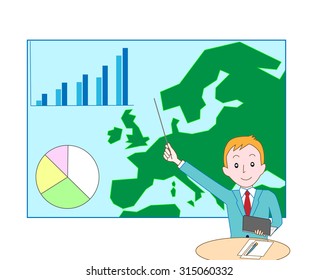 Businessman gives presentation using a map and a graph