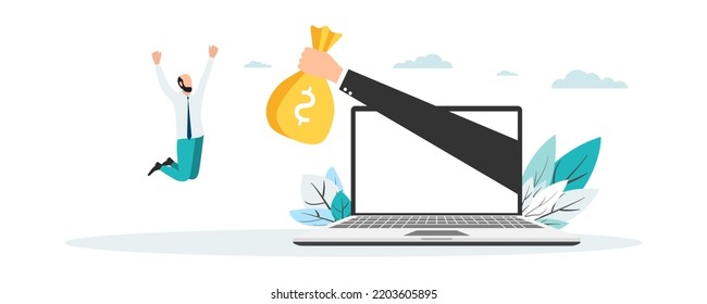 Businessman gives reward online. Vector illustration