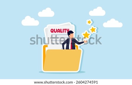 A businessman gives a star emerging from a folder containing papers labeled QUALITY, illustration of a document about business quality secrets