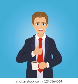 Businessman gives the thumbs up, drinking coffee, break time. Office worker standing and smiling.