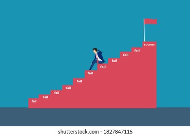 Businessman gives up vector concept: Lazy businessman gives up before reach the success flag on the top of stairs