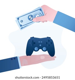 Businessman gives wireless joystick, client with money. Seller hand offers controller. Computer games, competitions. Cybersport, pleasure of virtual games. Payment for games or game pass. flat vector