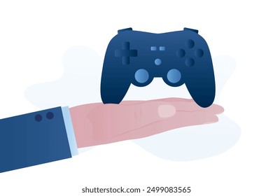 Businessman gives wireless joystick. Seller hand offers game controller. Computer games, competitions. Cybersport, pleasure of virtual games. Big gamepad on hand. flat vector illustration