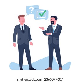 Businessman giving advice to another man. Office people communication. Employee answering question. Workers conversation. Colleagues professional support. Talking guys