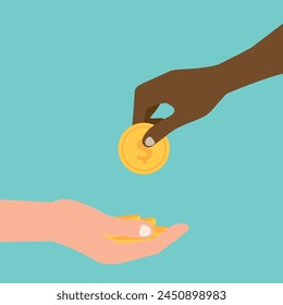 Businessman giving cash to another person, who thanks for money, close-up, vector illustration