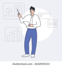 Hombre de negocios que da la presentación de datos con los gráficos y los informes, ilustración plana del estilo