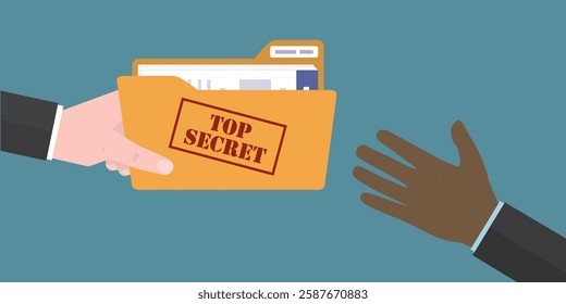 Businessman giving document file to spy, industrial espionage. Corruption, bribery. Human hand give yellow folder with data. Database, paperwork. Colleagues exchange information. vector illustration