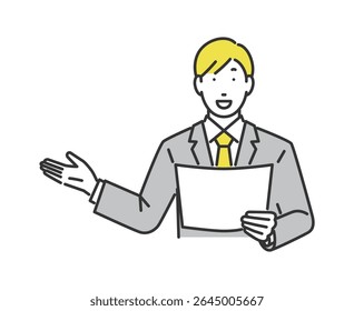 A businessman giving an explanation with a document in hand.