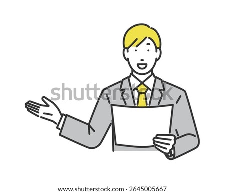 A businessman giving an explanation with a document in hand.