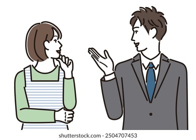 A businessman giving an explanation and a housewife listening to him