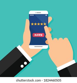 Businessman giving five star rating on smartphone. Vector illustration