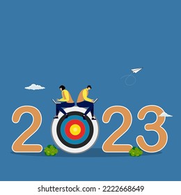 Businessman giving goals to work in 2023, Happy new year 2023 hope for business success, new year resolution or opportunity.