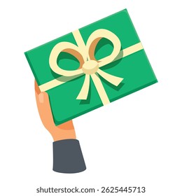 Businessman is giving a green gift box with a yellow ribbon