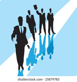 Businessman giving hand with group of businessmen in background. Vector illustration.
