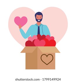 businessman giving hearts box. donation concept. vector illustration
