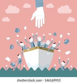Businessman giving a helping hand to a group of panic businessmen on the ship. Flat design. Isolated vector illustration.