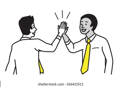 Businessman giving high five to his partner. Business concept of cooperation, partnership, celebration, enjoyment. Vector illustration character with multi-ethnic, draw, sketch, doodle style. 