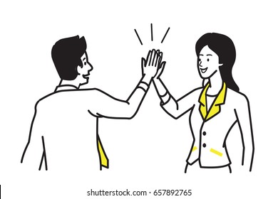 Businessman giving high five to his partner businesswoman. Business concept of cooperation, partnership, celebration, enjoyment. Vector illustration character, draw, sketch, doodle style. 