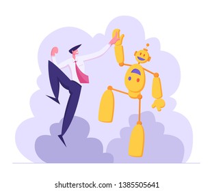 Businessman Giving High Five to Robot. Artificial Intelligence Technology Evolution Concept. Man and Droid Handshaking Partnership Cooperation. Vector flat illustration