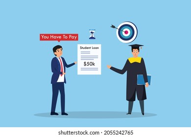 Businessman giving a loan bill to male college student while standing with dartboard background while standing with dartboard background