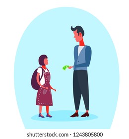 Businessman giving money dollar banknote his school girl pocket expenses budget concept full length cartoon character flat