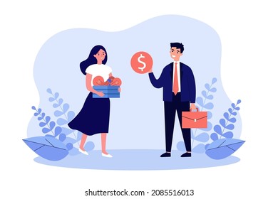 Businessman giving money for new ideas to employee. Woman holding box of lightbulbs in hands flat vector illustration. Labor, benefit, salary concept for banner, website design or landing web page