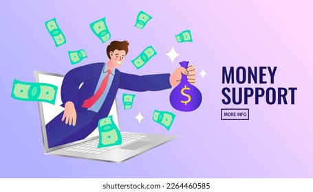 Businessman giving money sack from a computer. man gives reward online. Money transfer using laptop device, computer with banking payment app. financial transactions around the world. Vector