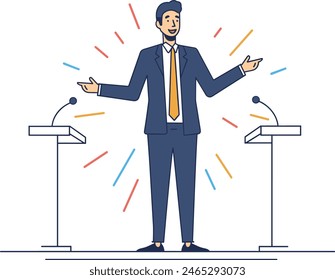 A businessman giving a motivational speech, corporate inspiration, business presentation, professional speech, one continues line art vector illustration