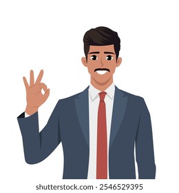 Businessman giving an OK sign. Flat Vector Character Isolated.