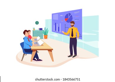 The businessman is giving a presentation about his project. Can use for web banner, infographics, hero images. Flat illustration isolated on white background.