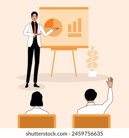 Empresario dando presentación con un tablero, Ilustración vectorial. Gerente masculino seguro con gráfico circular y elementos infográficos
