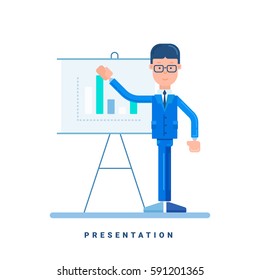 Businessman giving a presentation. Business concept for presentation. Cartoon male character. Flat style vector illustration isolated on white